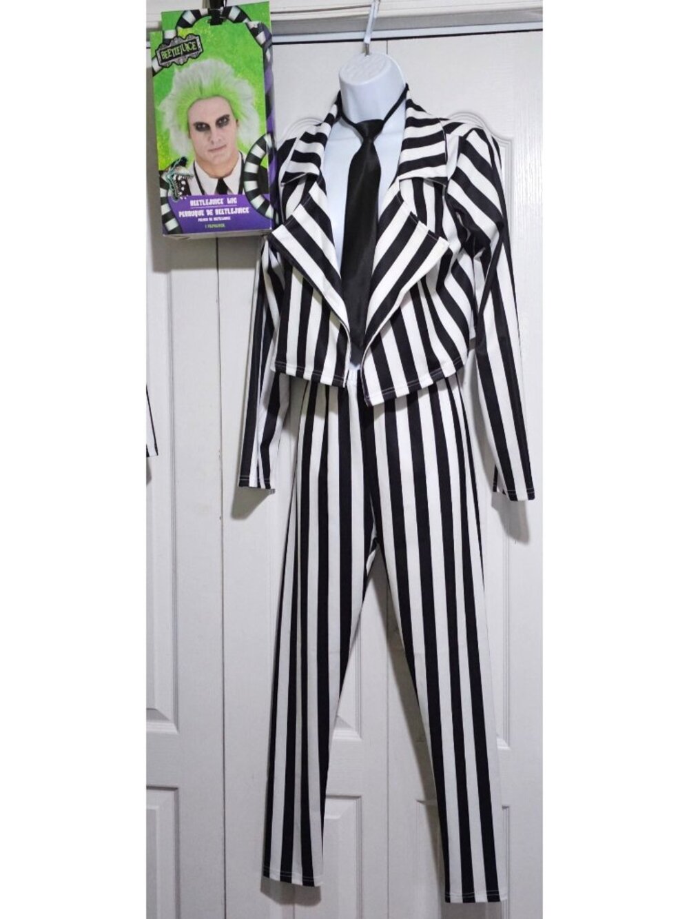 Beetlejuice Costume Women Black White Stripe Suit Blazer Legging Pant Tie Wig XS